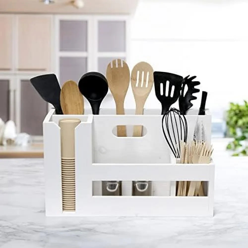 Condiment Flatware Compartments Picnic, Wooden Décor W Wht Farmhouse Handle Pantry Countertop Events Caddy Organizer Kitchen Utensils Breakfast & & Picks Wash BBQ For Cutout