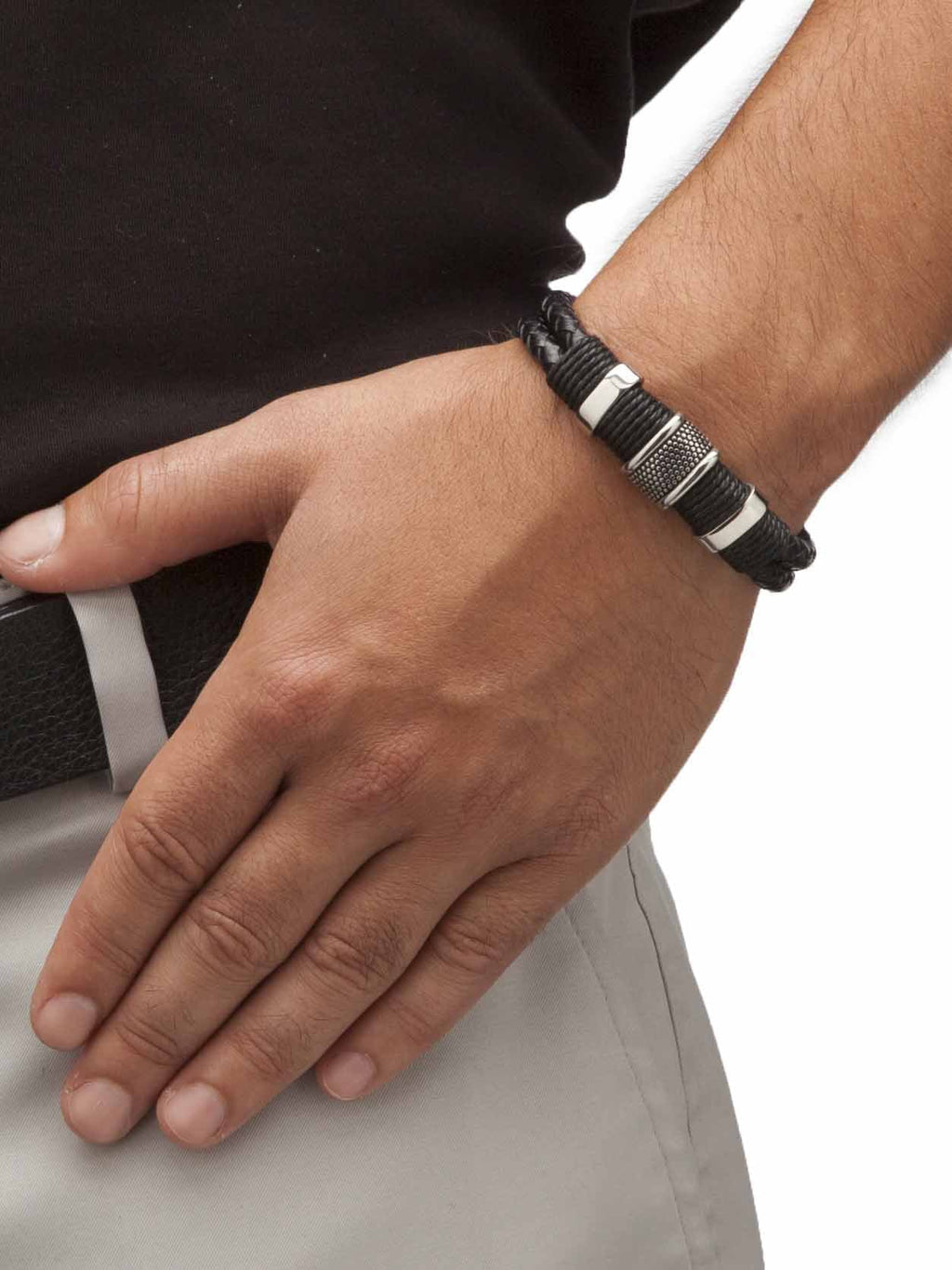 8" in Jewelry and Leather Black Men's With Braided Steel Tribal Stainless PalmBeach Magnetic Clasp
