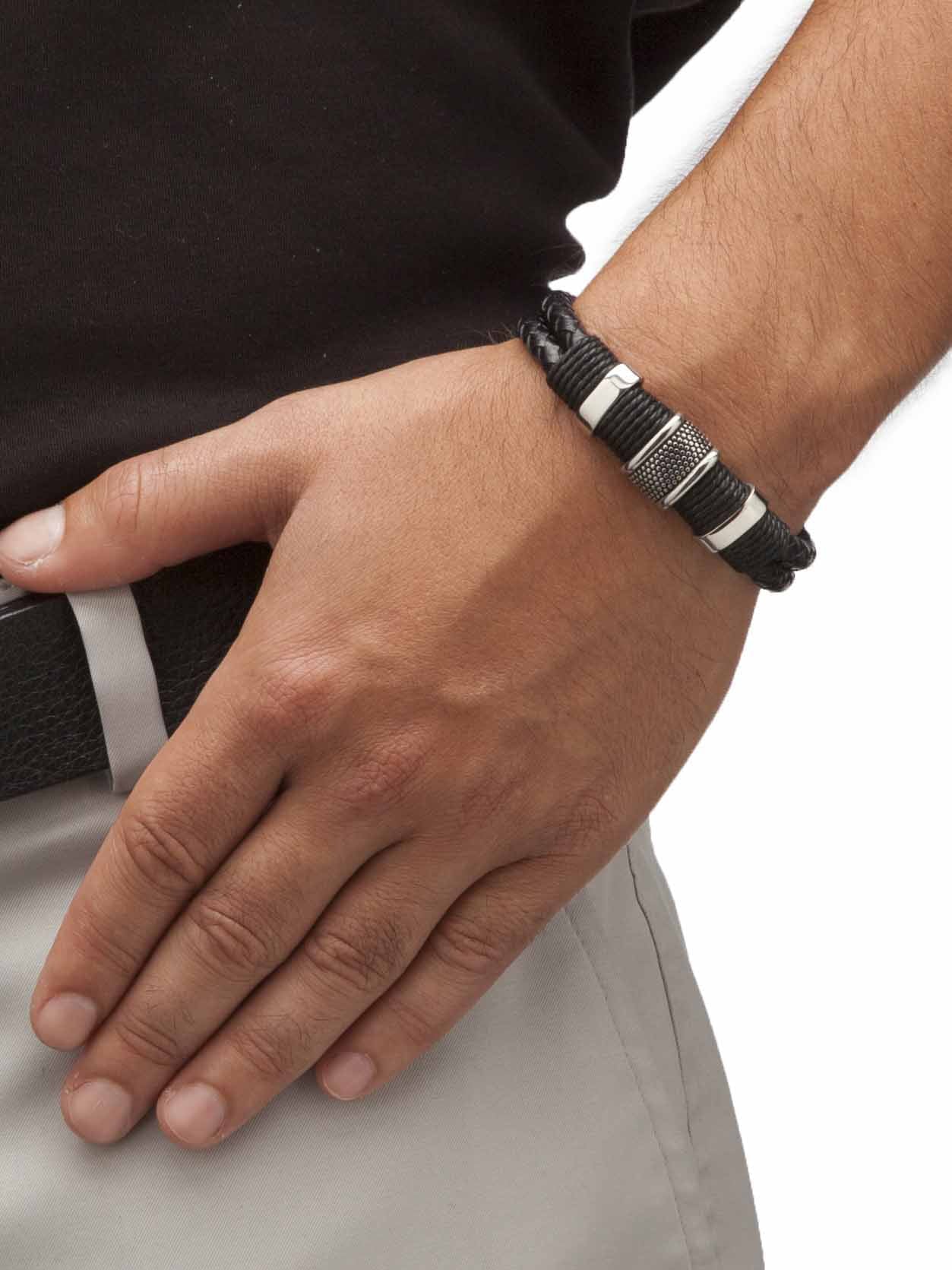 8" in Jewelry and Leather Black Men's With Braided Steel Tribal Stainless PalmBeach Magnetic Clasp
