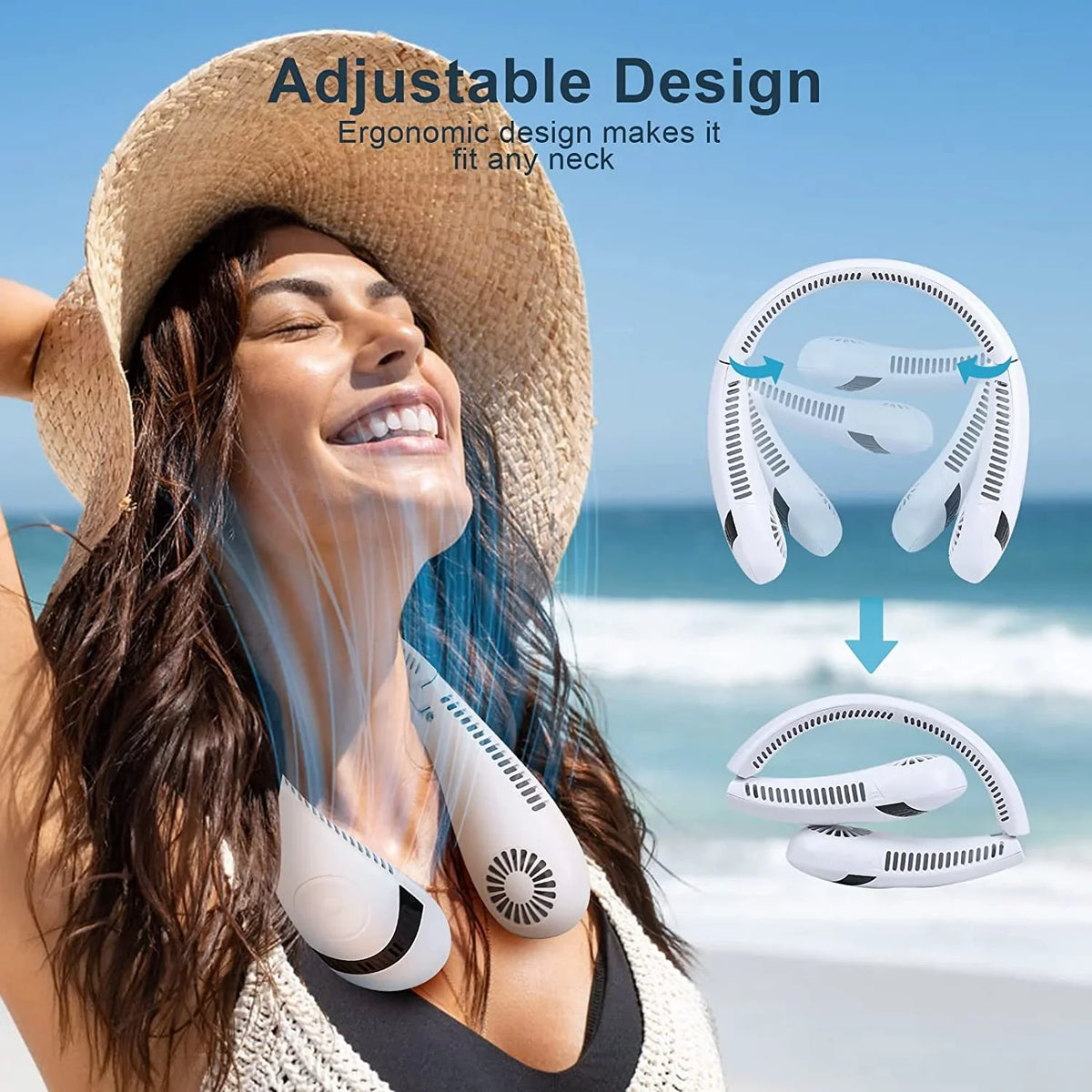 Fan Rechargeable Cooler transportable Degrees Fan (White) Fan Airflow Speeds, Travel Sport 5000 Neck Outdoor 360 for Perfect Personal Hands Free Fan Foldable mAh Morttic Fan, Bladeless 3 Wearable USB
