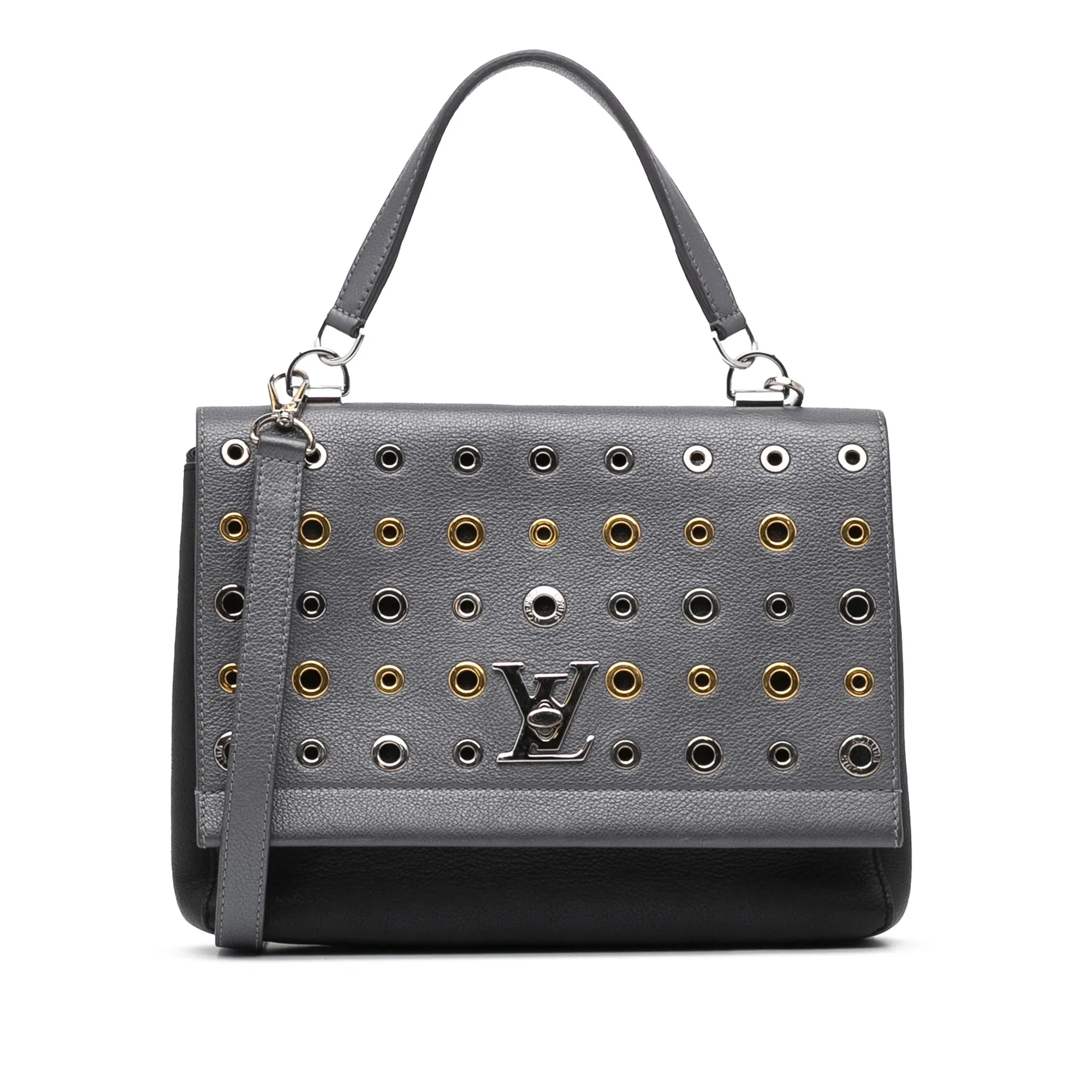 Leather Authenticated (Good) Gray Calf Pre-Owned Vuitton LockMe II Satchel Louis Unisex Eyelet