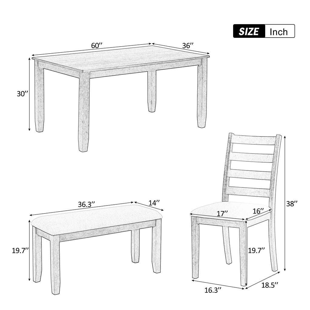 Set Table CoSoTower 4 Chairs A With Room 6-Piece Brown Whitewash Upholstered + & Bench, Dining Rustic Style