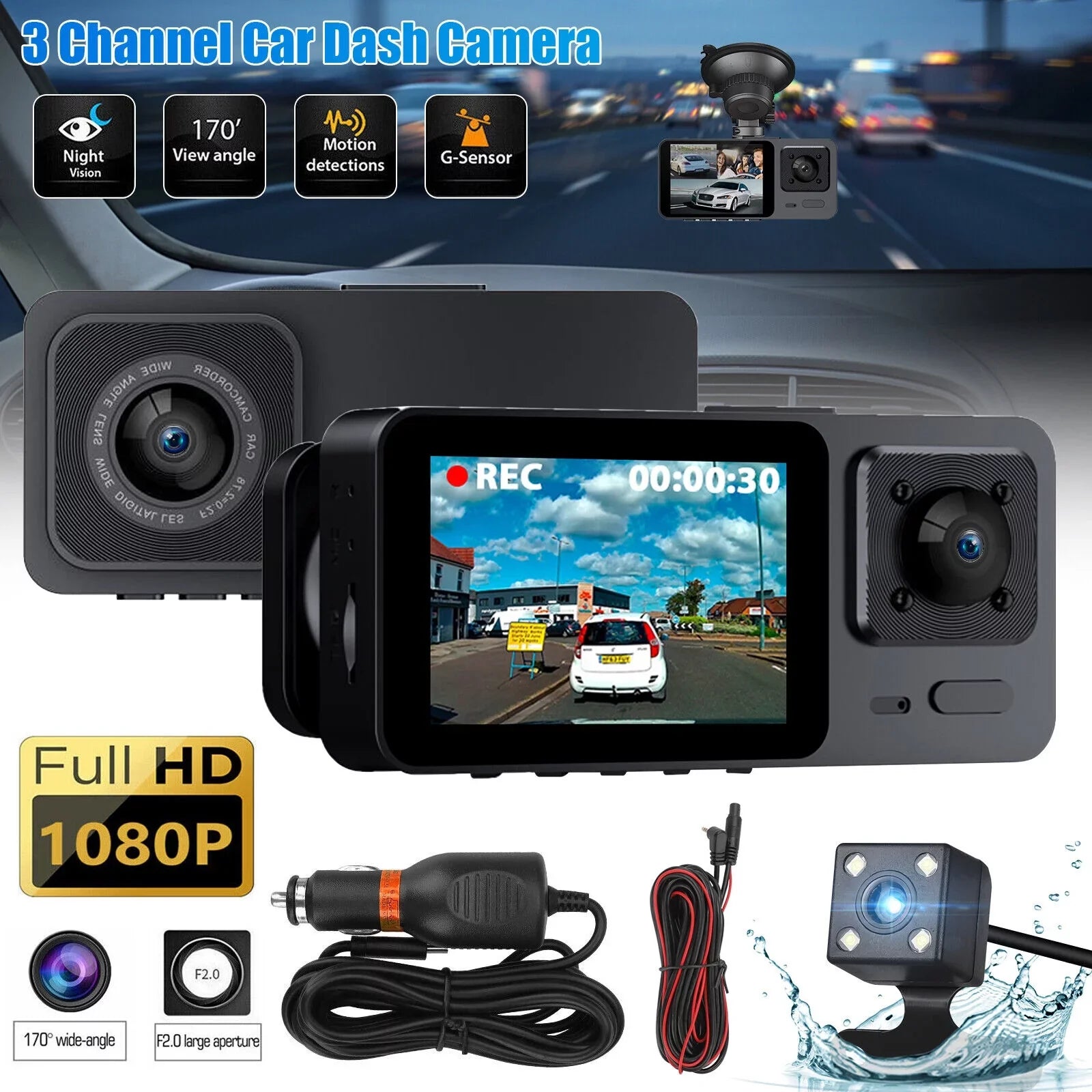 Rear Dash 3 Lens Video Camera Car 1080P Recorder Cam Inside Front G-Sensor DVR