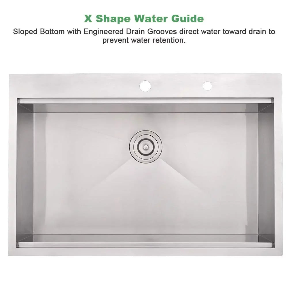 Kitchen Drop-In Stainless Holes Single Faucet PROOX 2 Steel Sink 30'' with Bowl
