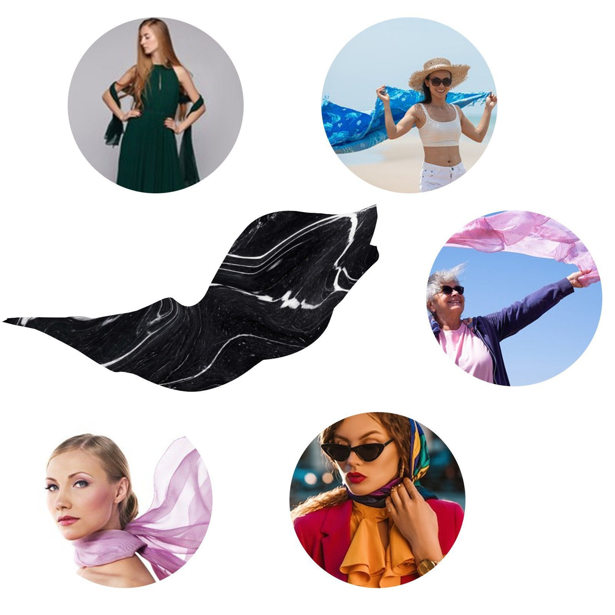 Neck Gift FREEAMG Sunscreen Long Marble Wraps for Shawls Packed Hair Scarf Black Wraps Headscarf Silk Oblong Large Women