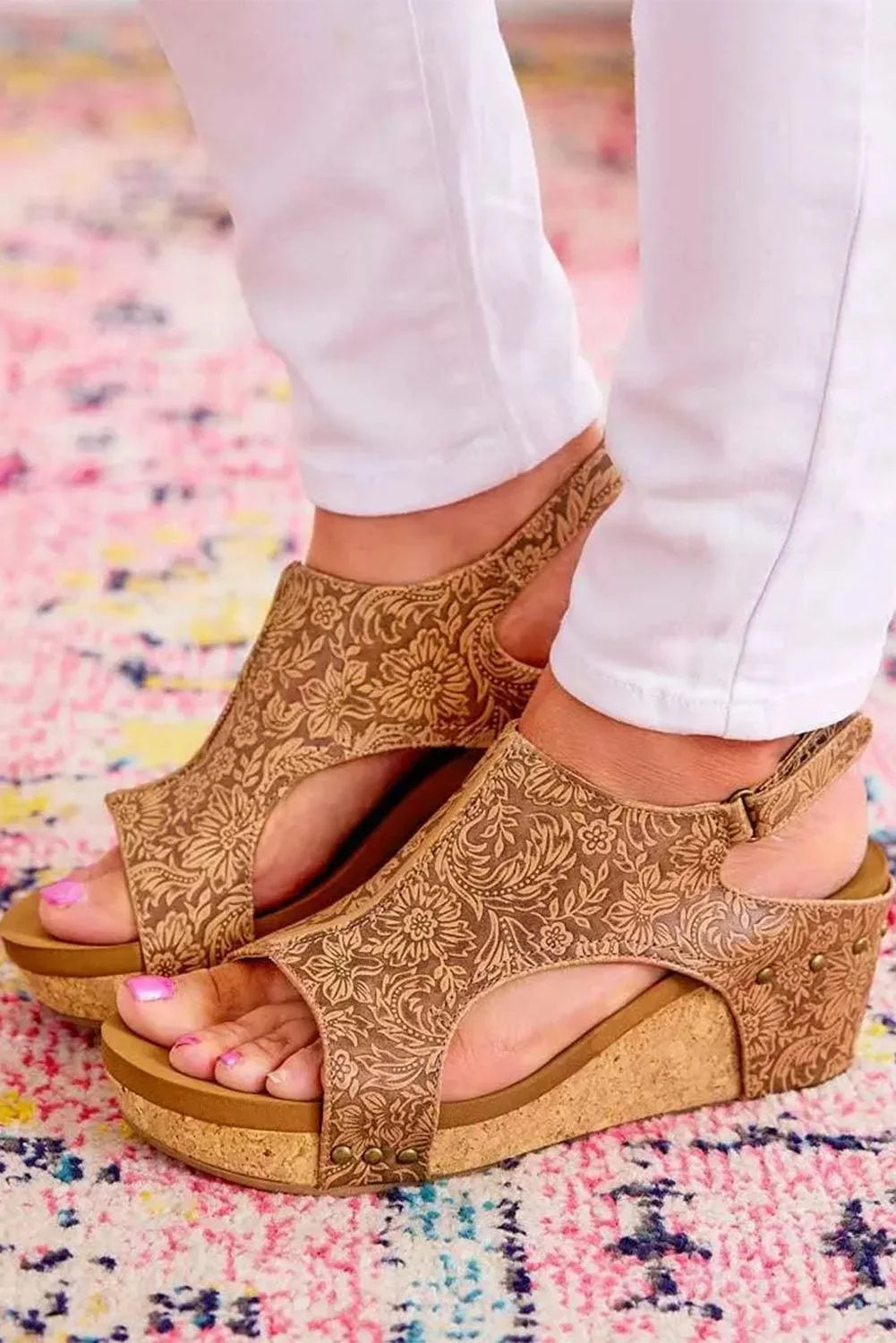 Rivet Brown Floral Vintage Hollowed Platform Sandals Leather