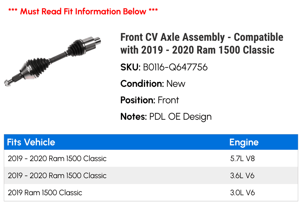 Assembly Classic Ram CV 1500 Compatible - Axle 2019 with 2020 Front -