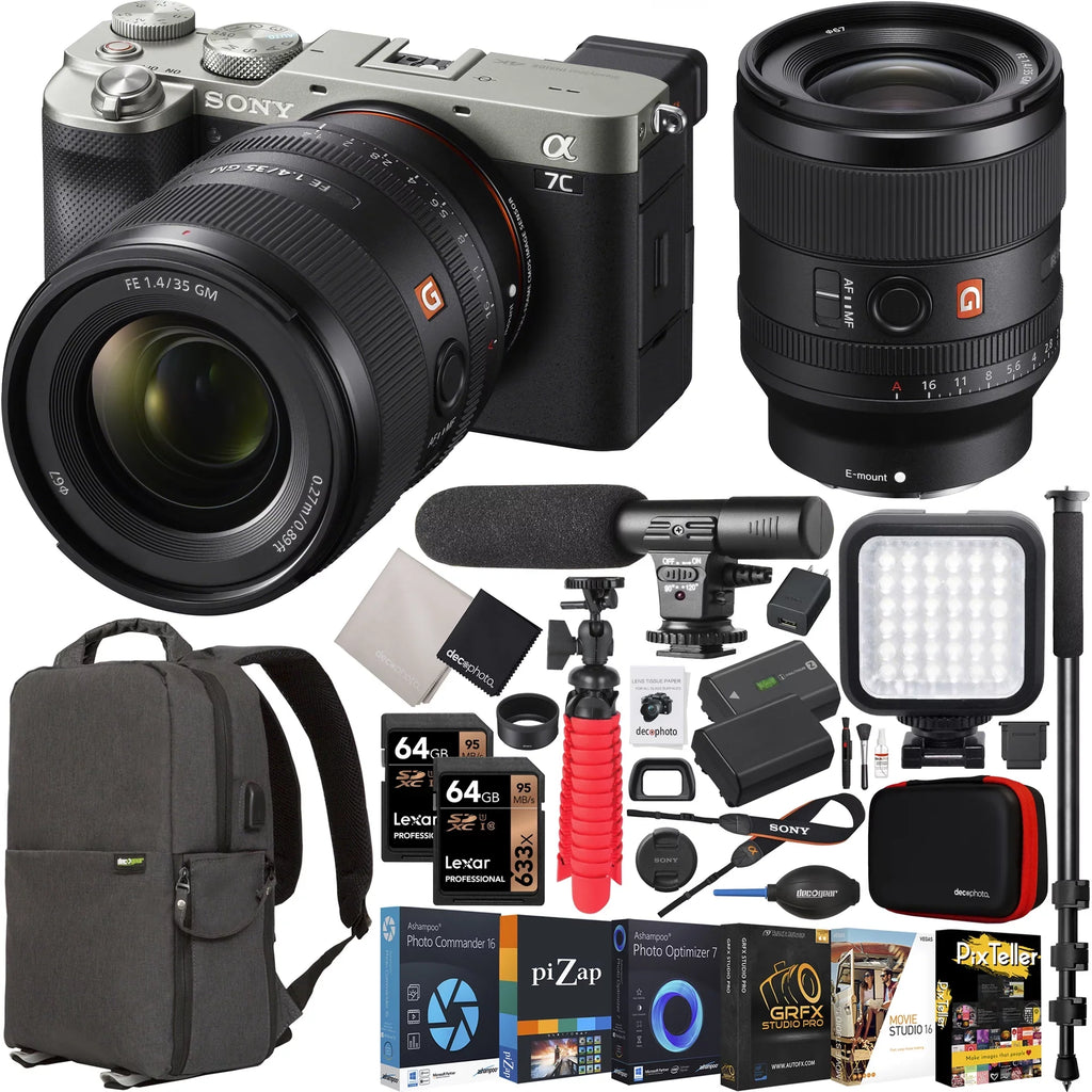 Silver F1.4 Master with and + Camera + Sony + Lens Monopod Deco Mirrorless FE a7C GM Photography Frame 35mm + ILCE7C/S Accessories LED Microphone G Bundle Sony Gear Case Body Backpack SEL35F14GM Full