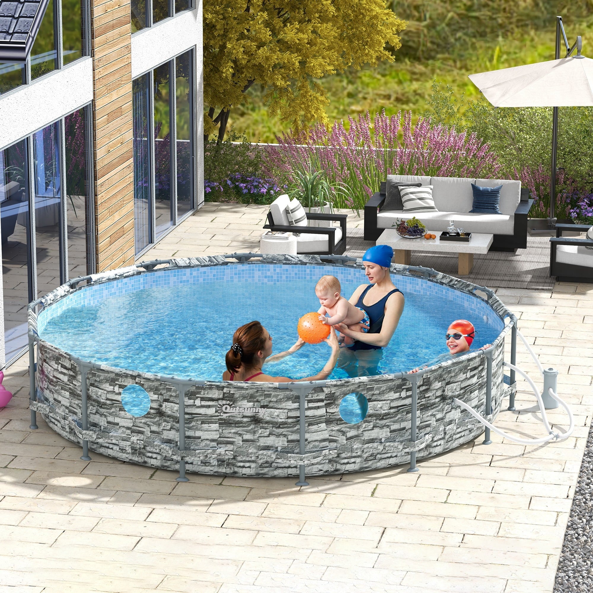 Brick Pool Ground Outsunny with Filter Pump, Frame Steel Above 14' Pool,
