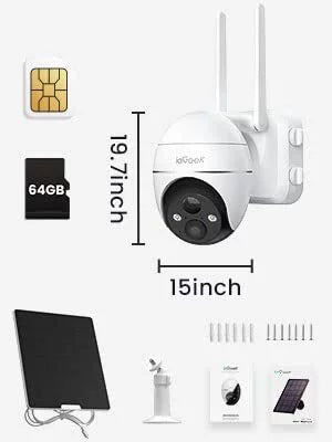 Solar SD Included Wireless, No 2K Surveillance Outdoor, Vision, Security Cellular SIM&64GB PTZ, 3G/4G WiFi Night Card LTE 360° Camera Powered, QHD, Camera, Color