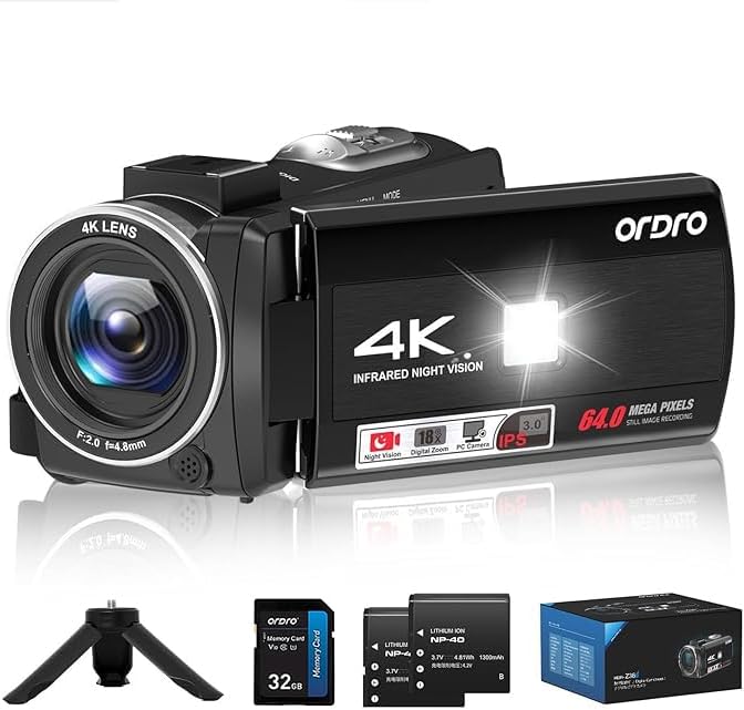 ORDRO 4K Camcorder, 64MP Vlogging Camera for YouTube with 18X Digital Zoom, IR Night Vision, 32G Memory Card and Mini Tripod