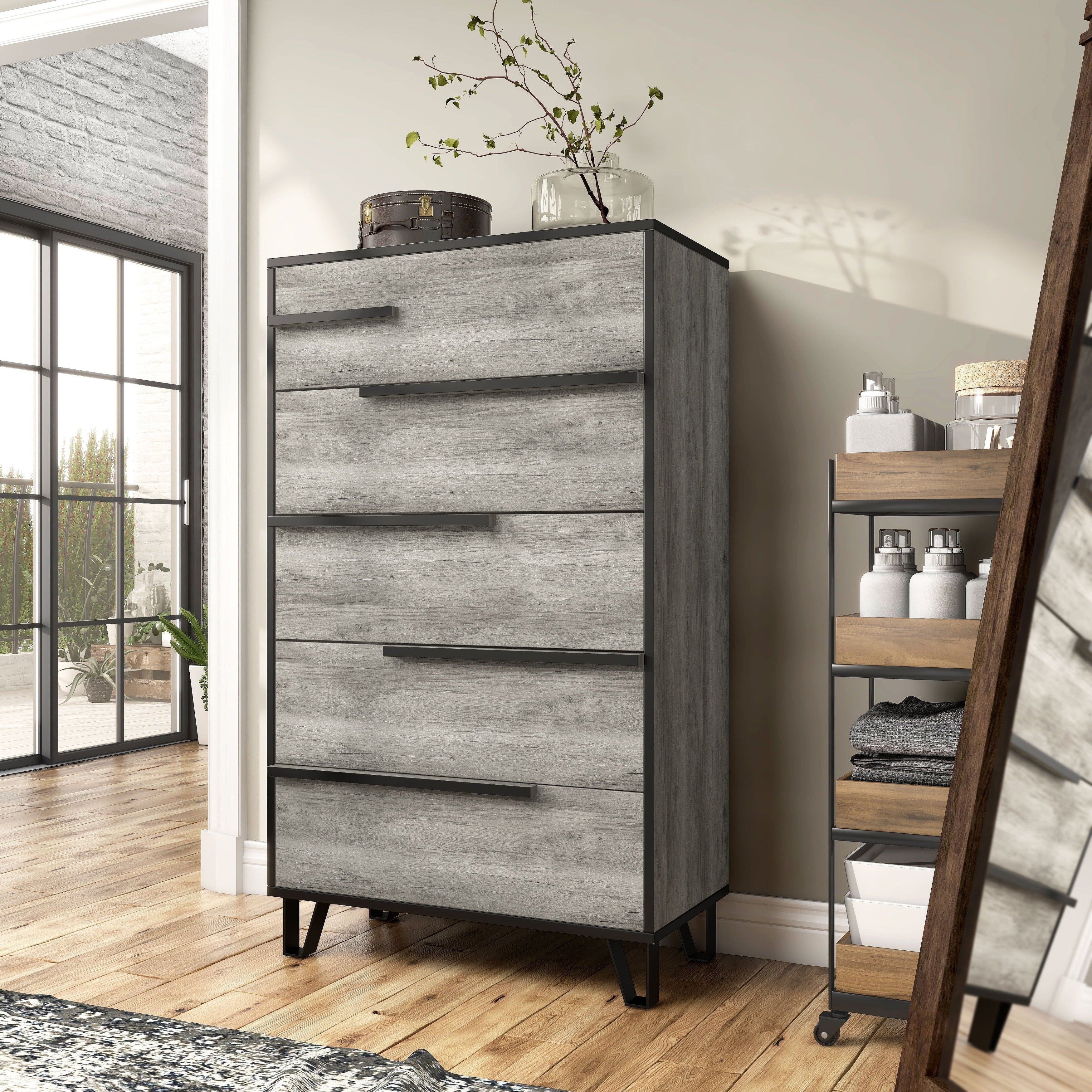 BASIC Grey by 5-Drawer Modern Vintage Chest Oak Denhour DH