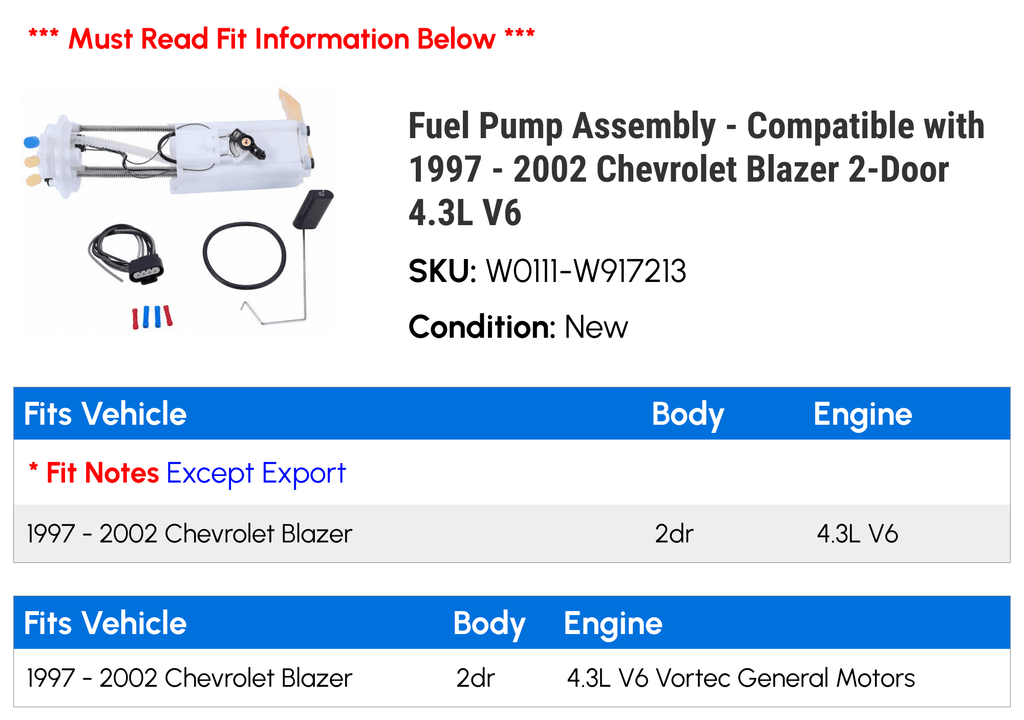 2000 Pump with 4.3L Blazer 2001 1999 Fuel 2-Door - 1998 - Chevy 2002 1997 Assembly Compatible V6