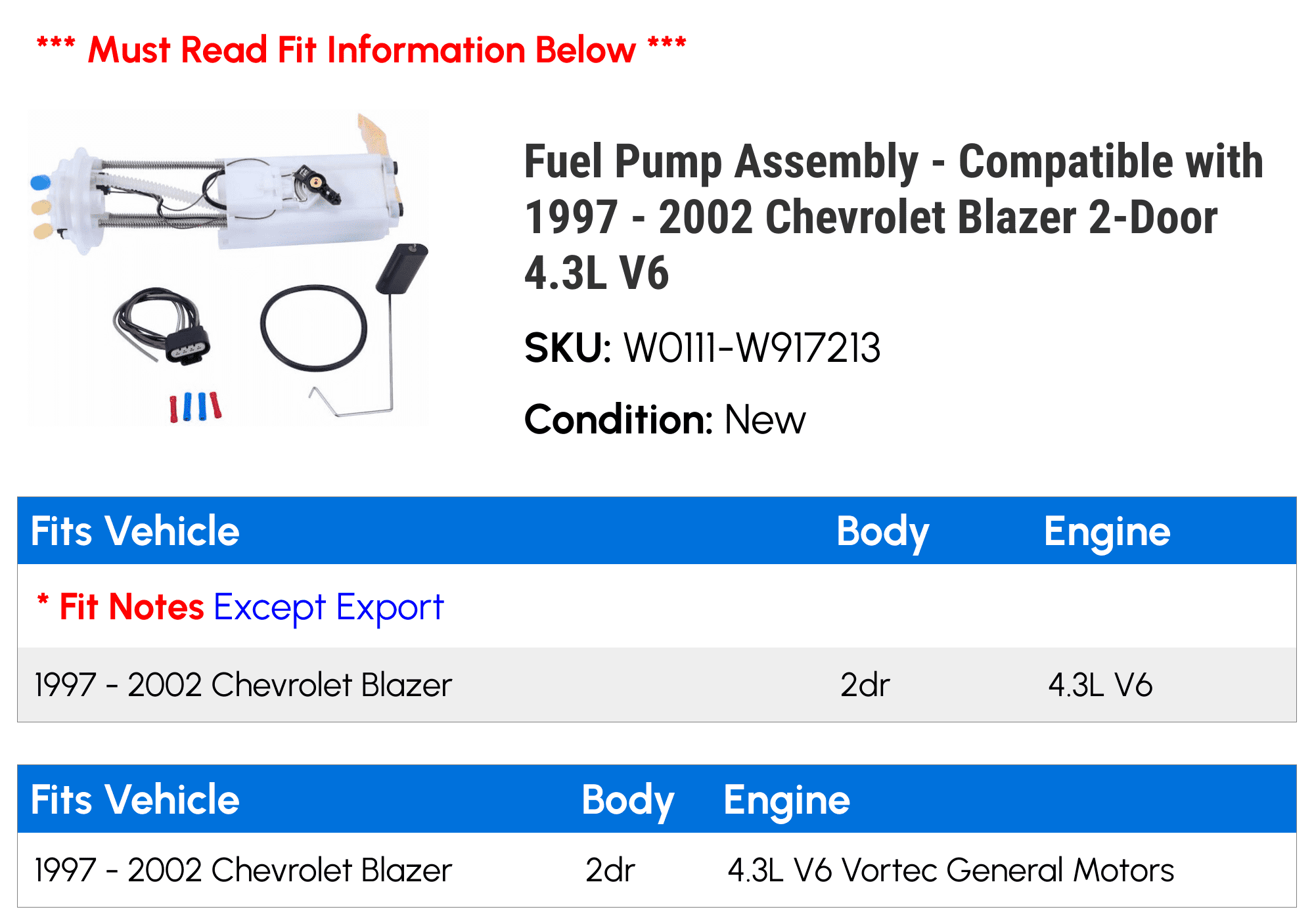 2000 Pump with 4.3L Blazer 2001 1999 Fuel 2-Door - 1998 - Chevy 2002 1997 Assembly Compatible V6