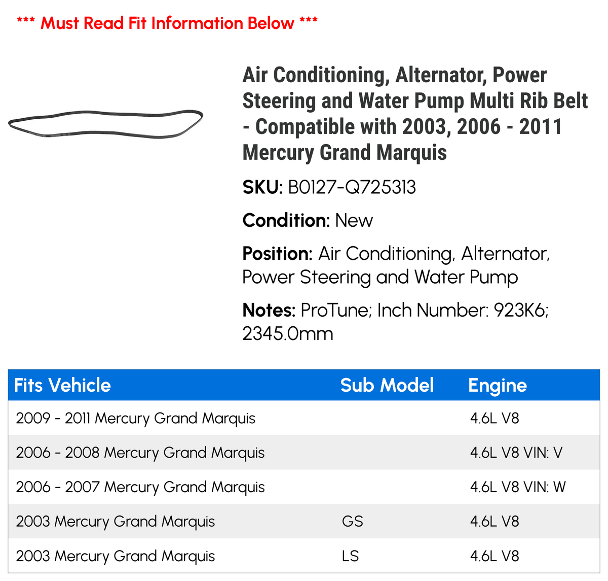 Water Steering oxygen Pump with - Marquis Belt Grand Compatible Alternator, 2011 - 2009 2010 2007 Conditioning, 2006 Multi Rib 2003, Power and Mercury 2008