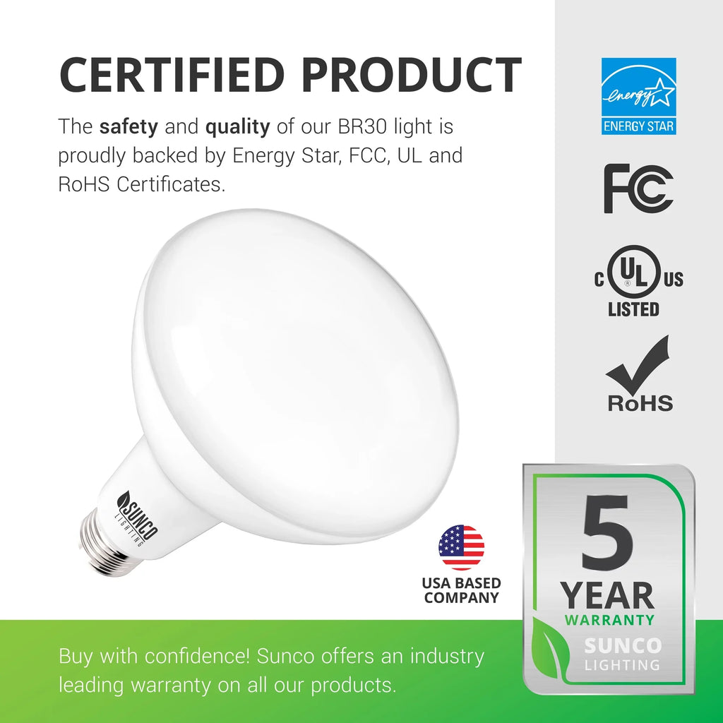 LED Dimmable, Bulb, 5" Star & 32 Base, - LM, BR30 6" for 850 or 11W=65W, Sunco White, Indoor Pack E26 Cans 3000K Warm Flood UL Lighting Light Energy