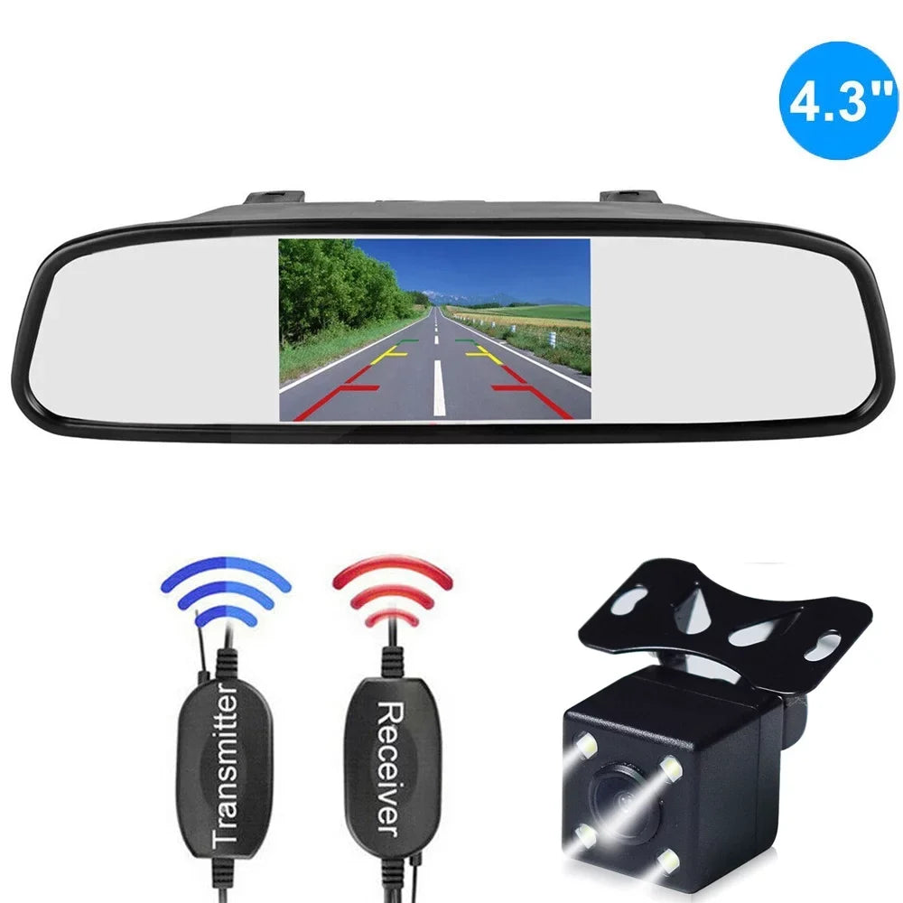 Car 4.3" View Night Monitor Mirror Wireless System + Backup Rear Camera Vision