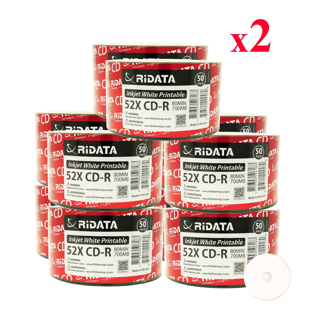 1000 52X Pack Hub CD-R White Printable Inkjet 80Min 700MB Disc Media Ridata Recordable Blank