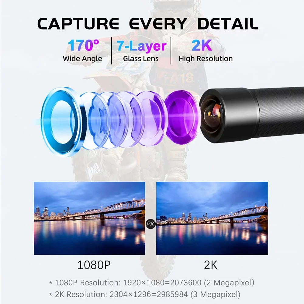 Cam WDR, Waterproof Camera, Bike Motorcycle Dash WiFi 170° Angle Camera, Super movable Night Action Recording Wide VSYSTO 2K Motorcycle Helmet Loop Lens, Vision