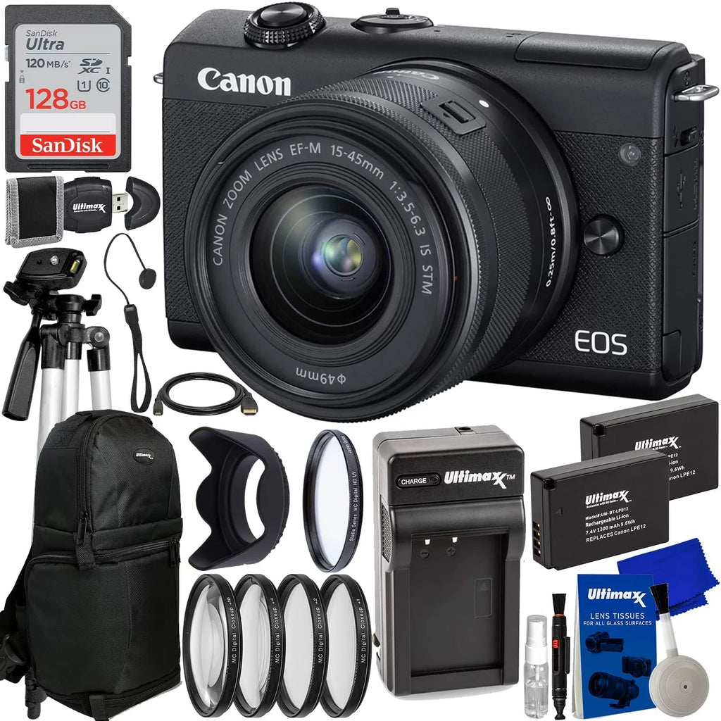 '+ 128GB (Black) Canon Digital Camera Kit 15-45mm Lens Mirrorless EOS with M200