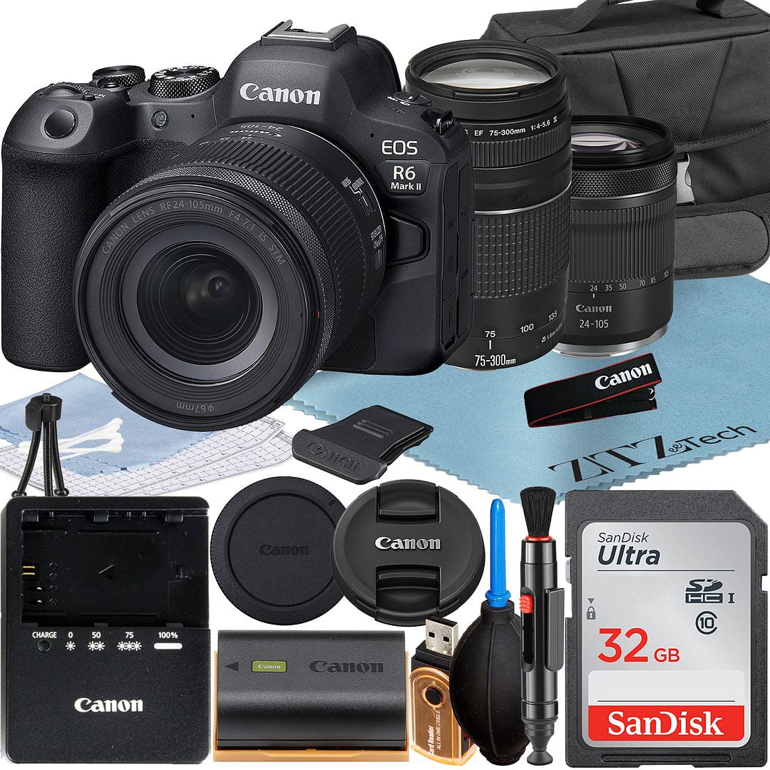 24-105mm Mark EOS 75-300mm with RF 32GB Memory Canon R6 + Camera + Case Accessory LED Mirrorless + II ZeeTech Flash SanDisk Card Bundle + EF Lens +