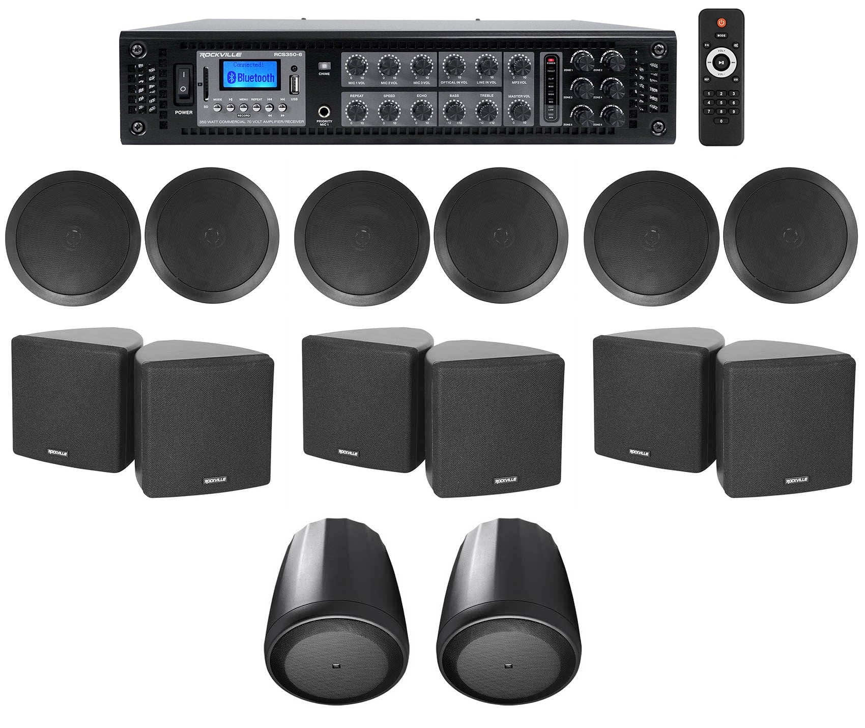 Receiver+(6) Black Home JBL 3.5" 6-Zone Audio Pendant+Ceiling Cube+(2) Speakers