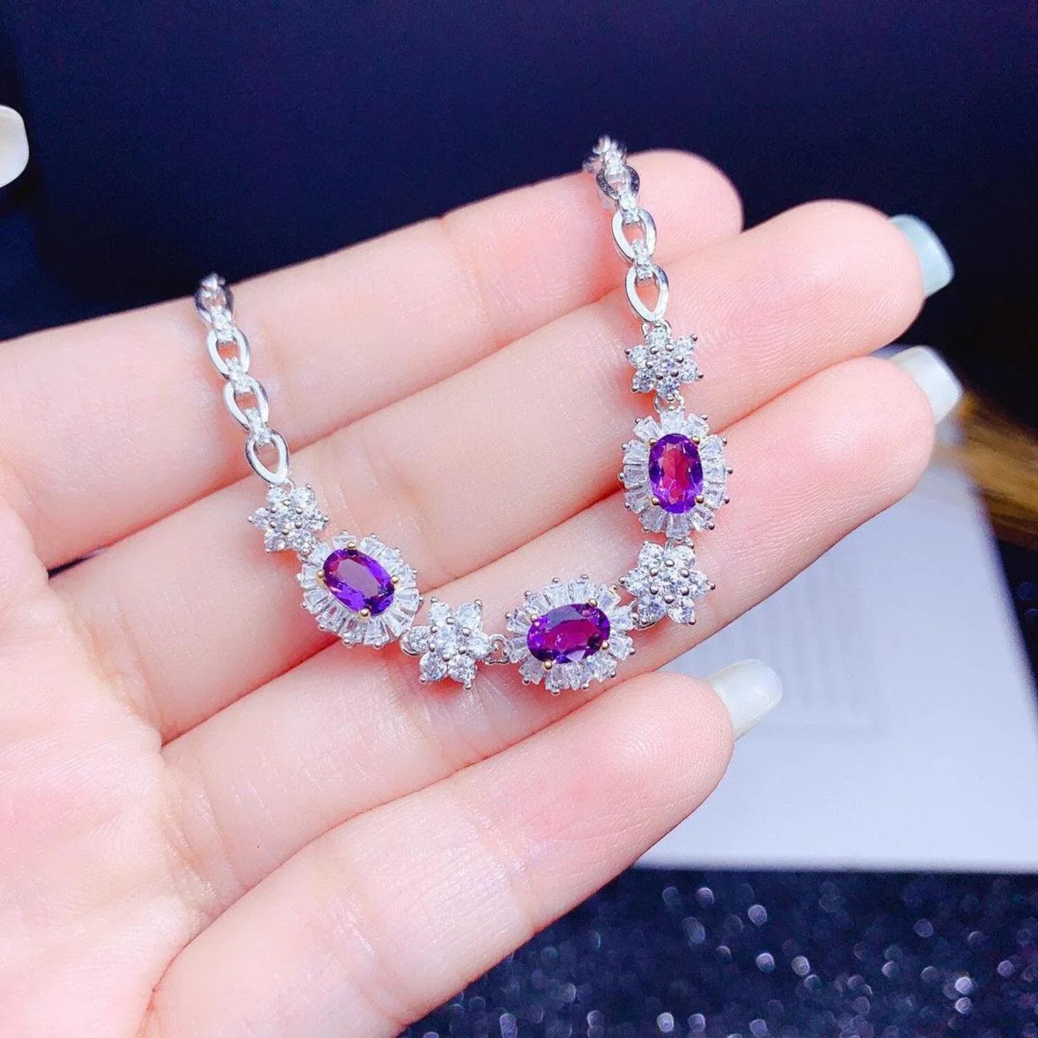 18k Women Silver Plated Light Inlaid Gold Sterling Natural Amethyst Luxury S925