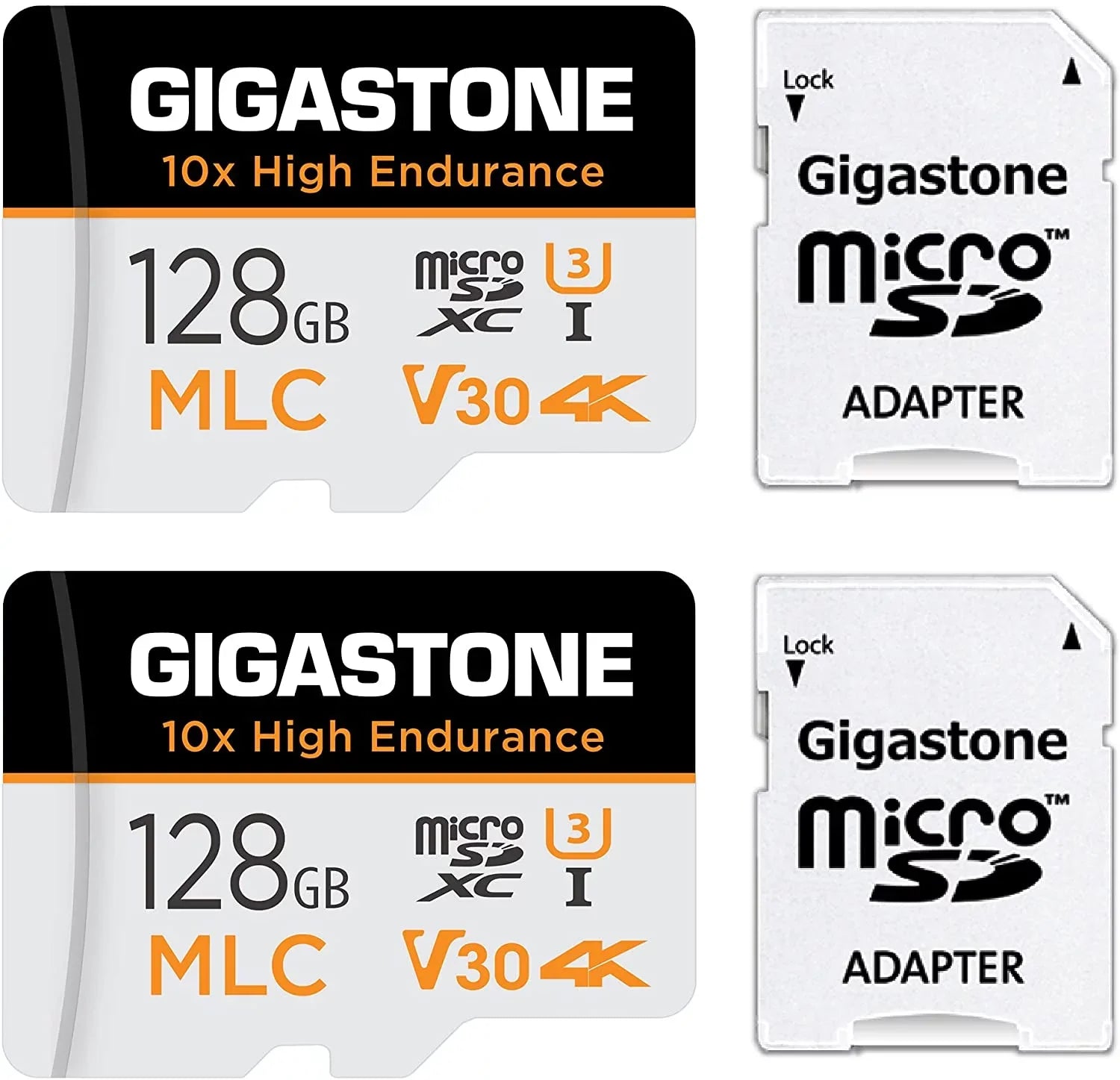Compatible 100MB/s, Cam, with Gigastone Recording, Micro C10, Security SD Cam, [10x MLC Dash 128GB Video Card, Endurance] 2-Pack U3 High Adapter Surveillance 4K