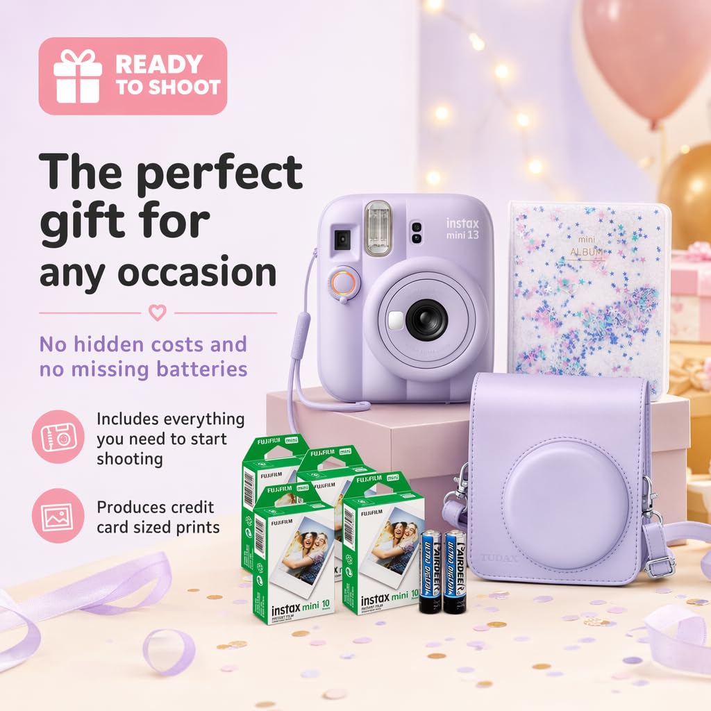 Fujifilm Instax Mini 13 Instant Camera Dreamy Purple + Fuji Film Value Pack (40 Sheets) + Tudak Accessories Bundle, Incl. Compatible Carrying Case, Quicksand Beads Photo Album 64 Pockets