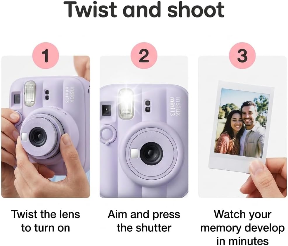 Fujifilm Instax Mini 13 Instant Camera Dreamy Purple + Fuji Film Value Pack (40 Sheets) + Tudak Accessories Bundle, Incl. Compatible Carrying Case, Quicksand Beads Photo Album 64 Pockets