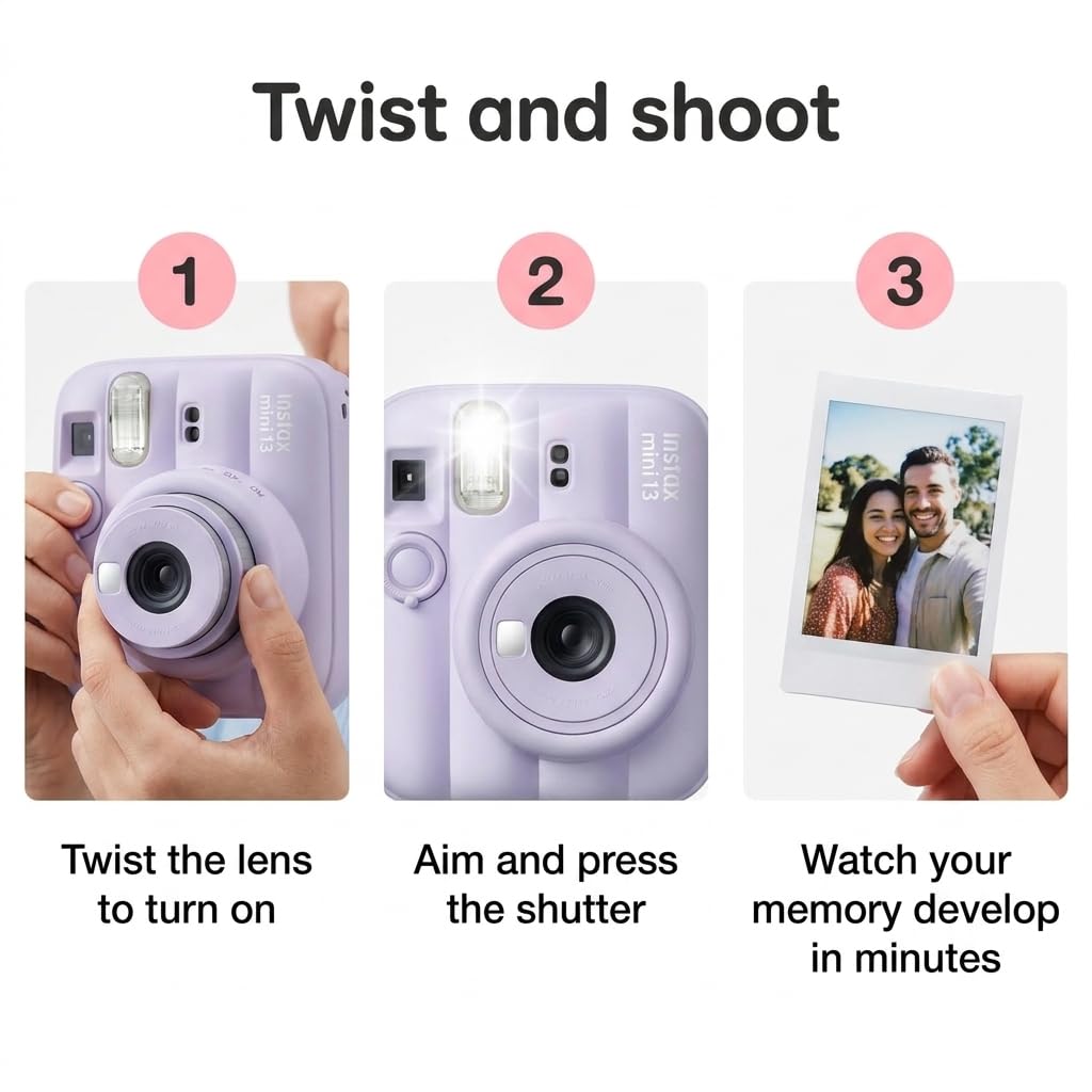 Fujifilm Instax Mini 13 Instant Camera Dreamy Purple + Fuji Film Value Pack (40 Sheets) + Tudak Accessories Bundle, Incl. Compatible Carrying Case, Quicksand Beads Photo Album 64 Pockets