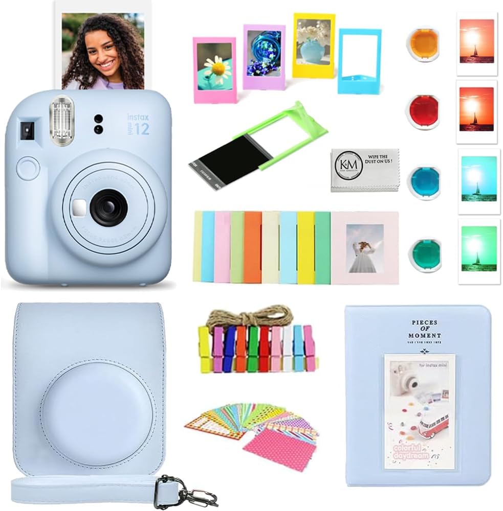 FUJIFILM INSTAX Mini 12 Instant Film Camera | Pastel Blue Bundled with Instax Accessory Bundle + Cleaning Cloth (8 Items)