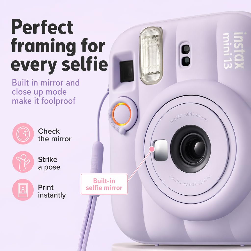 Fujifilm Instax Mini 13 Instant Camera Dreamy Purple + Fuji Film Value Pack (40 Sheets) + Tudak Accessories Bundle, Incl. Compatible Carrying Case, Quicksand Beads Photo Album 64 Pockets