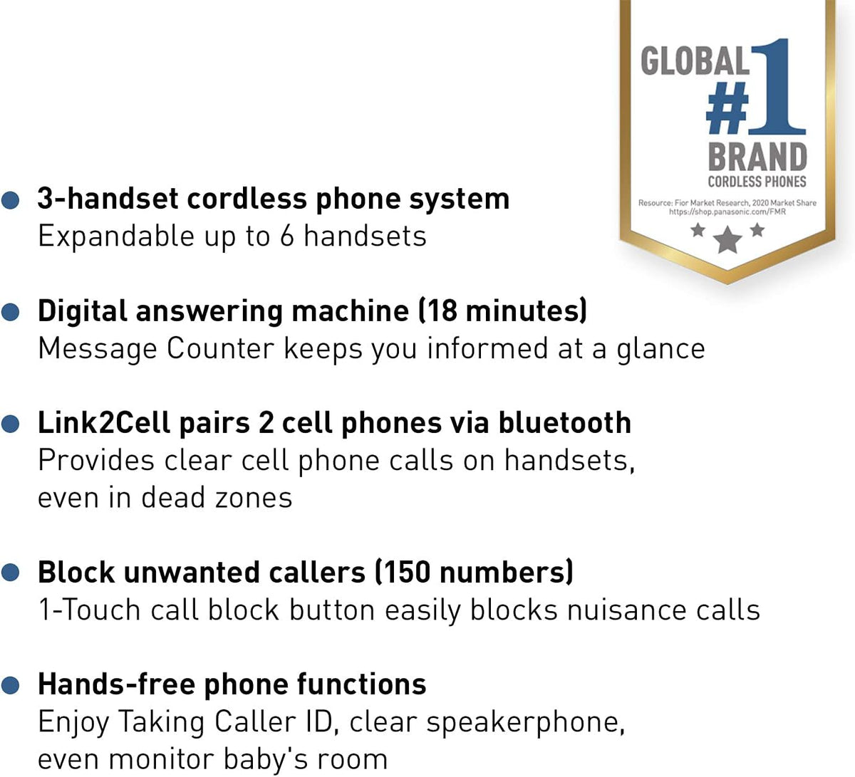 Panasonic Expandable Cordless Phone System with Link2Cell Bluetooth, Voice Assistant, Answering Machine and Call Blocking - 3 Cordless Handsets - KX-TGD663M (Metallic Black)