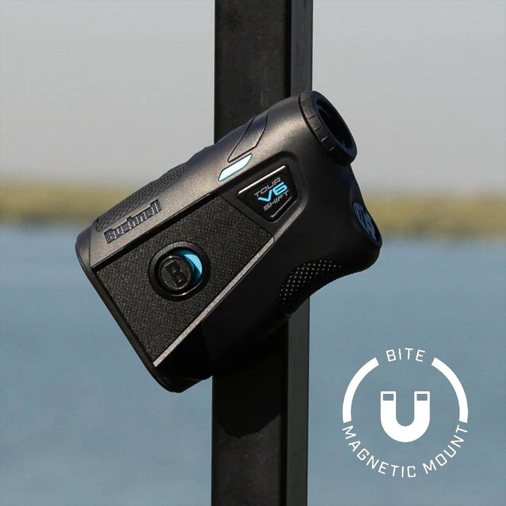 Bushnell Golf Tour V6 Shift Laser Rangefinder | Slope Compensation, PinSeeker, Magnetic Mount, 6X Magnification, 1300 Yard Range, 3D Flyovers in App, Signature Series Golf Towel
