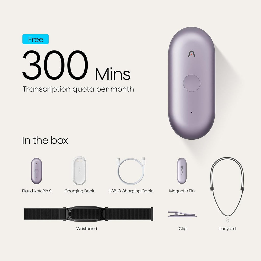 Plaud NotePin S Wearable AI Voice Recorder, Transcribe & Summarize, Purple