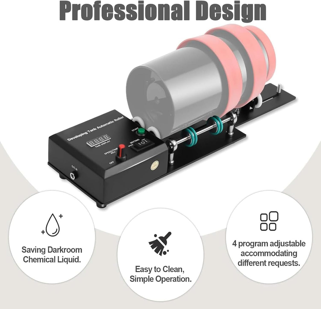 Universal Automatic Darkroom Film Processor Machine, Development Tank Roll Stand with Extension Rod, 1-30 Minute Timer and 4 Preset Programs, Film Camera Accessories