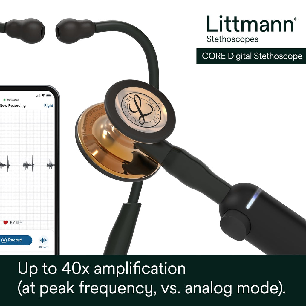 3M Littmann CORE Digital Stethoscope, Our Most Advanced Stethoscope Yet, Up To 40x Amplification, Active Noise Cancellation, In-App Sound Wave Visualization, Black-Finish Chestpiece, 8480
