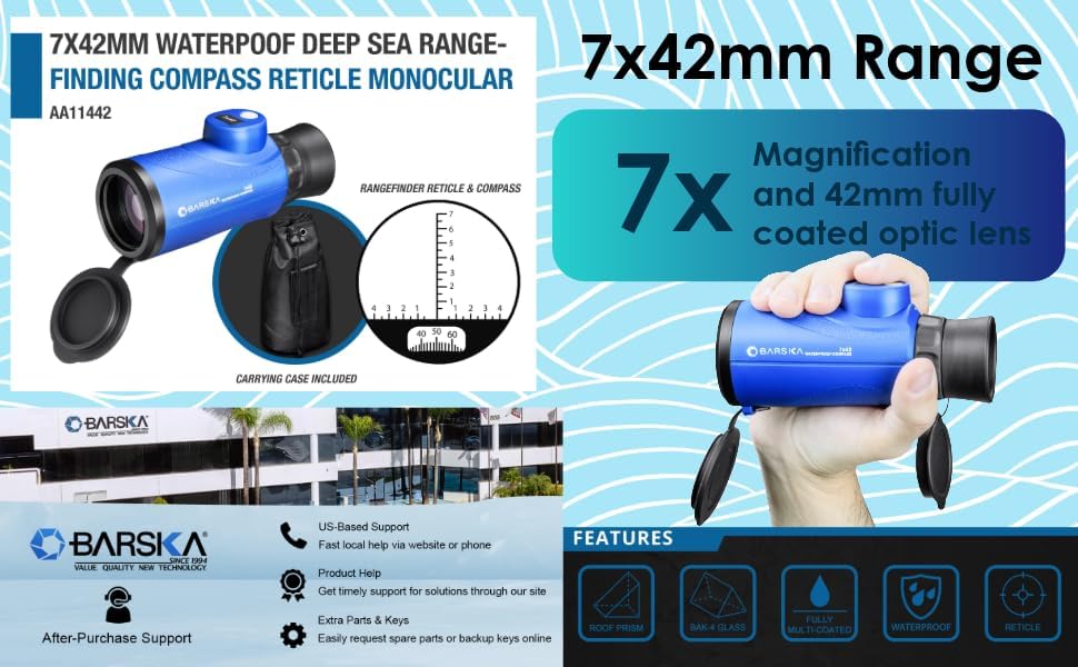 Barska 7x42 Deep Sea Waterproof Monocular with Compass & Rangefinding Reticle â Marine, Sailing & Outdoor Adventure Gear
