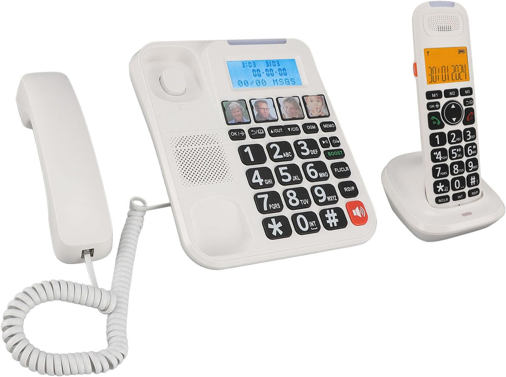 Luocute Cordless and Cordless Phone, Expandable System with Answering Machine and Call Blocking, 2in Screen Big Buttons for Home Use, Bilingual Caller ID and 90dB Loud Ringer (White)