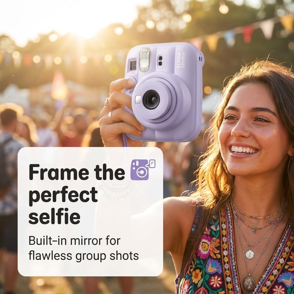 Fujifilm Instax Mini 13 Instant Camera Dreamy Purple + Fuji Film Value Pack (40 Sheets) + Tudak Accessories Bundle, Incl. Compatible Carrying Case, Quicksand Beads Photo Album 64 Pockets