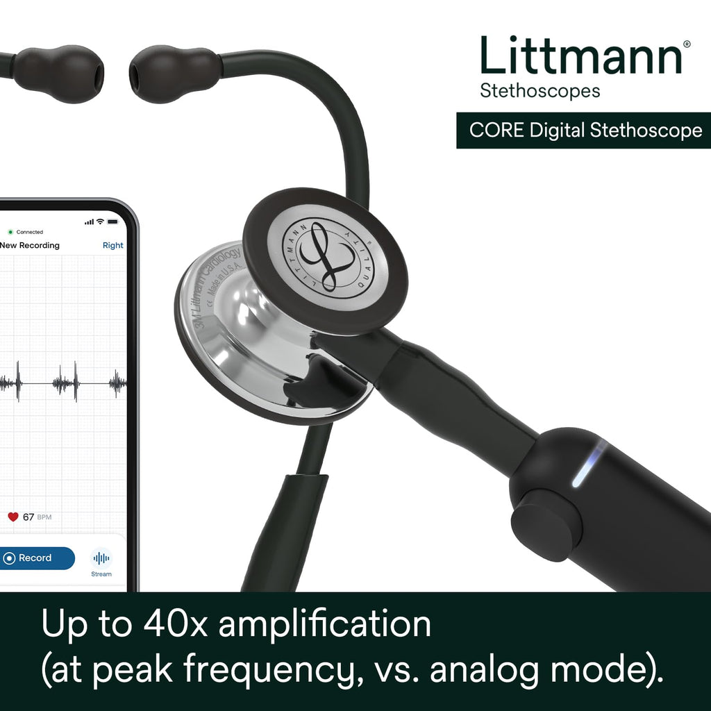 3M Littmann CORE Digital Stethoscope, Our Most Advanced Stethoscope Yet, Up To 40x Amplification, Active Noise Cancellation, In-App Sound Wave Visualization, Black-Finish Chestpiece, 8480