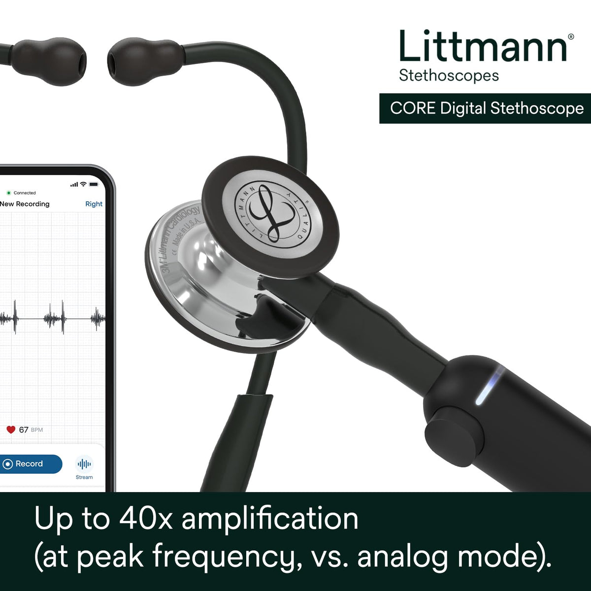 3M Littmann CORE Digital Stethoscope, Our Most Advanced Stethoscope Yet, Up To 40x Amplification, Active Noise Cancellation, In-App Sound Wave Visualization, Black-Finish Chestpiece, 8480