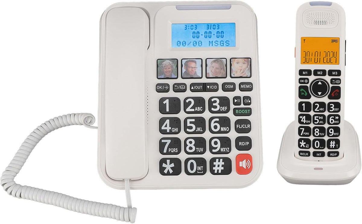 Luocute Cordless and Cordless Phone, Expandable System with Answering Machine and Call Blocking, 2in Screen Big Buttons for Home Use, Bilingual Caller ID and 90dB Loud Ringer (White)