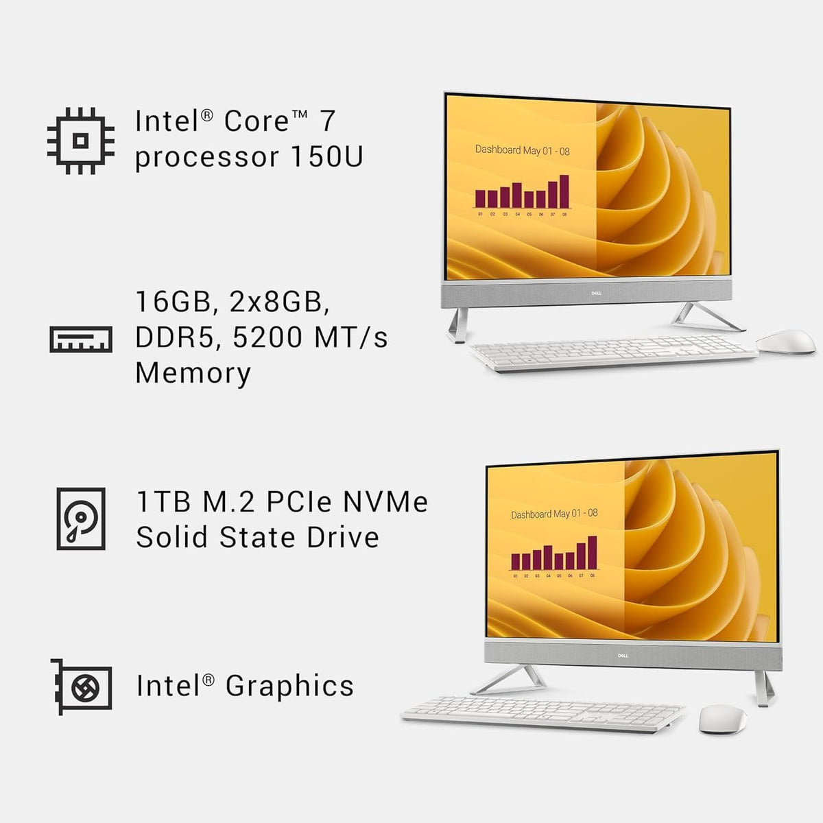 Dell 27 All-in-One Desktop Computer ec27250, Core7 150U, 16GB DDR5-5600MT/s