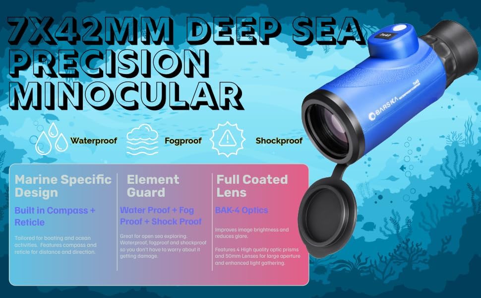 Barska 7x42 Deep Sea Waterproof Monocular with Compass & Rangefinding Reticle â Marine, Sailing & Outdoor Adventure Gear