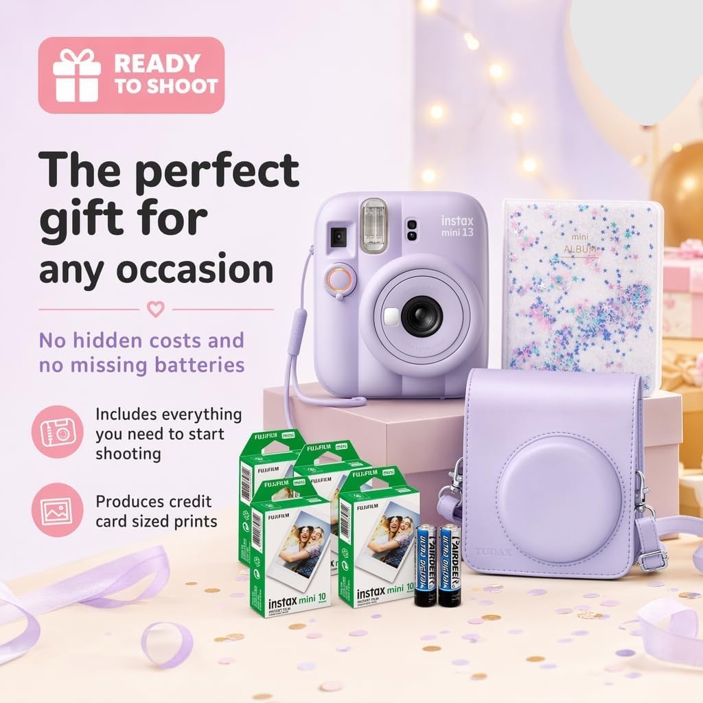 Fujifilm Instax Mini 13 Instant Camera Dreamy Purple + Fuji Film Value Pack (40 Sheets) + Tudak Accessories Bundle, Incl. Compatible Carrying Case, Quicksand Beads Photo Album 64 Pockets