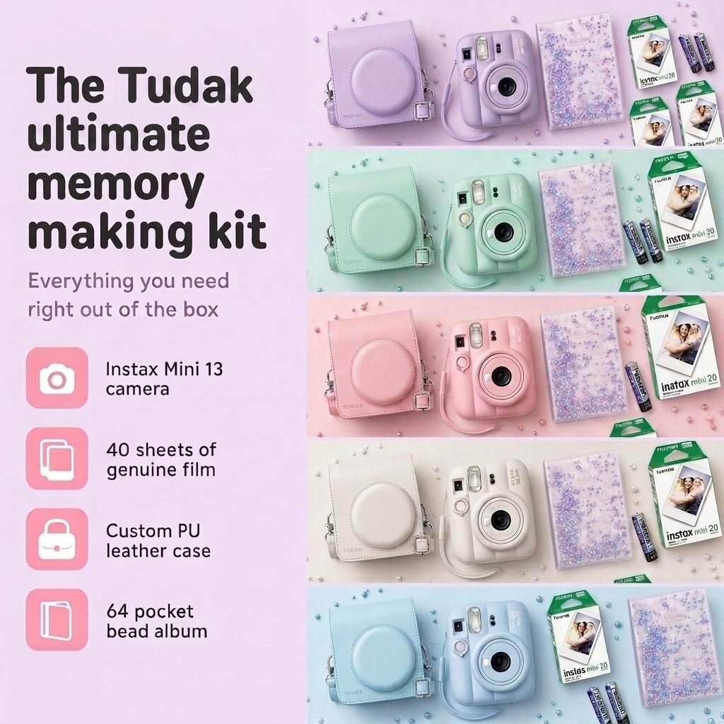 Fujifilm Instax Mini 13 Instant Camera Dreamy Purple + Fuji Film Value Pack (40 Sheets) + Tudak Accessories Bundle, Incl. Compatible Carrying Case, Quicksand Beads Photo Album 64 Pockets