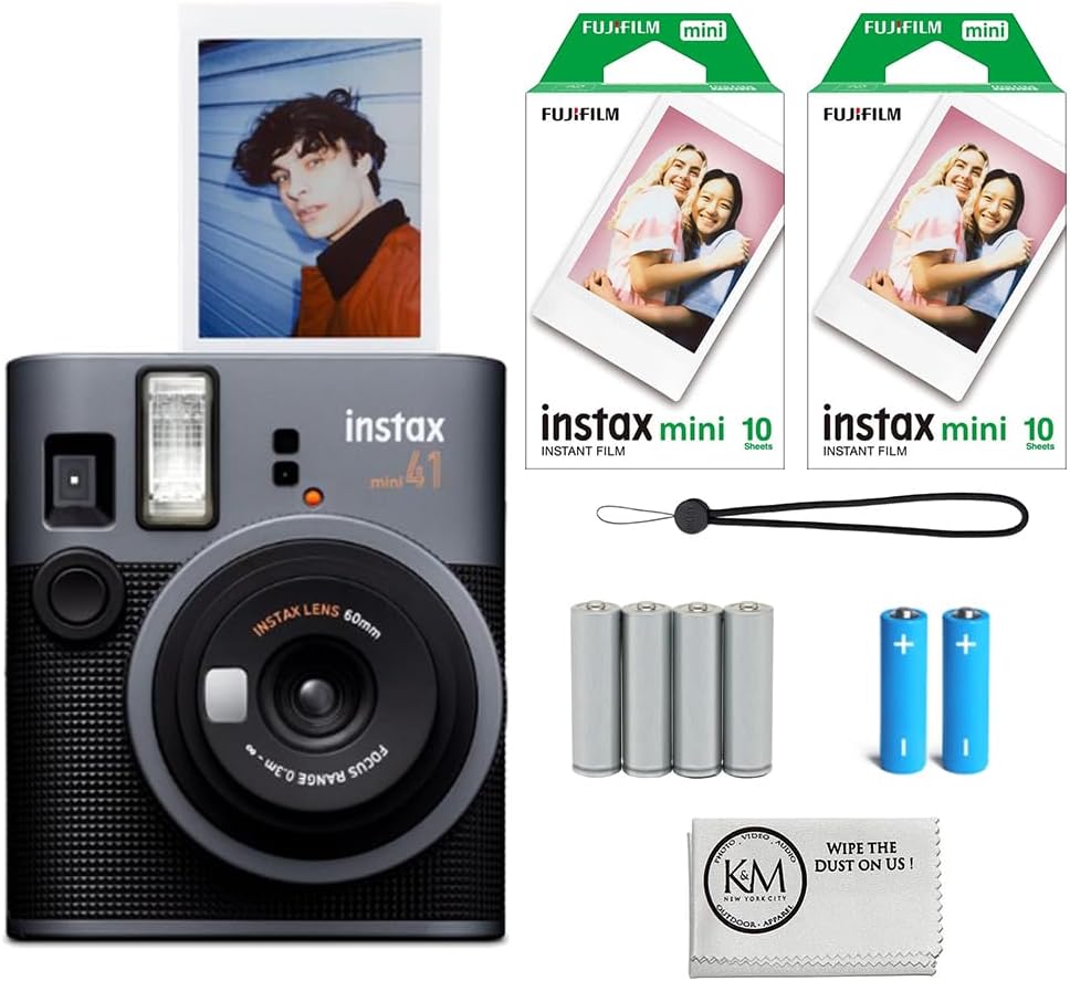 Fujifilm Instax Mini 41 Instant Camera Bundle with Instax Mini Film | 20 Exposures + 4 Pack AA Batteries + Cleaning Cloth (4 Items)