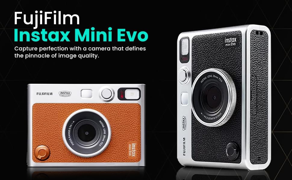 Fujifilm Instant Mini EVO Hybrid Camera Bundle with 20 Instant Film Sheets + 32GB Memory Card + Carrying Case + Flex Tripod + BluebirdSales Cleaning Cloth (Black)